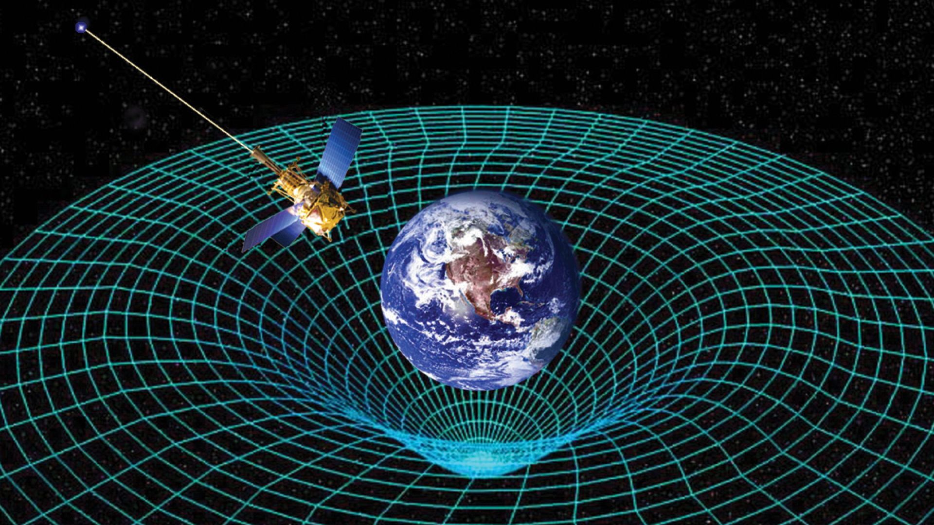 Graphic of the Earth warping space-time as a satellite orbits